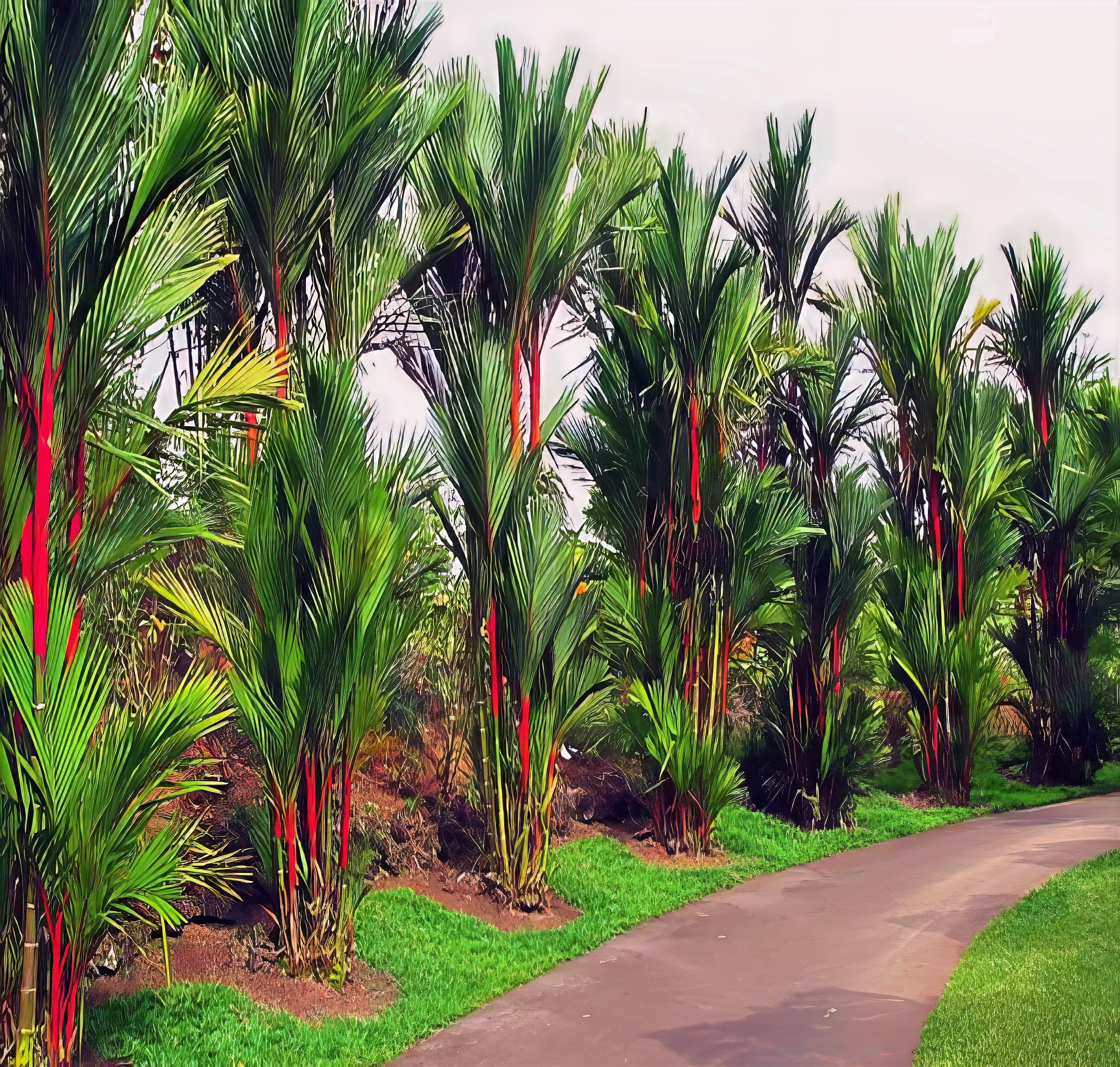 Pathway lined with red wax palm trees with red trunks in a garden setting