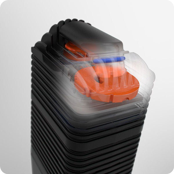 Storz & Bickel Venty portable dry herb vaporizer inside cooling chamber with airflow control dial